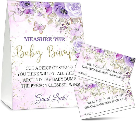 Measure the Baby Bump Baby Shower Game Set, 1 Standing Sign with 50 Guessing Cards, Butterfly Gender Reveal Party Decorations Supplies - B03