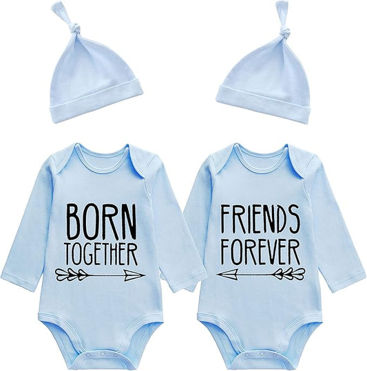 YSCULBUTOL Baby Twins Bodysuits Best Friends Forever Baby Clothes Set with Bibs Girl Outfit with hat