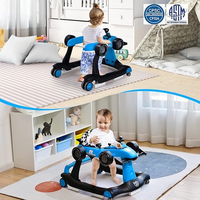 HOMGX Baby Walker with Wheels, Convertible Baby Push Walker & Race Car Mode, Infant Activity Center with Music Box, 3 Heights & 2 Speeds, Foldable Walkers for 6-18 Months (Blue)