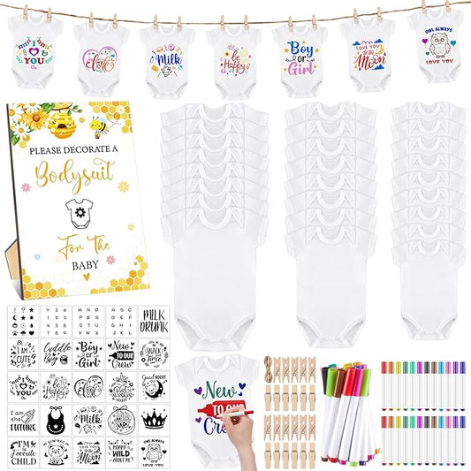 Panitay 126 Pcs Baby Shower DIY Bodysuit Set Rustic Kraft Baby Shower Game Sign DIY Bib 25 Blank White Newborn Bodysuit 25 Stencils 24 Marker 1 Sign 50 Pins for Gender Reveal(Bee)