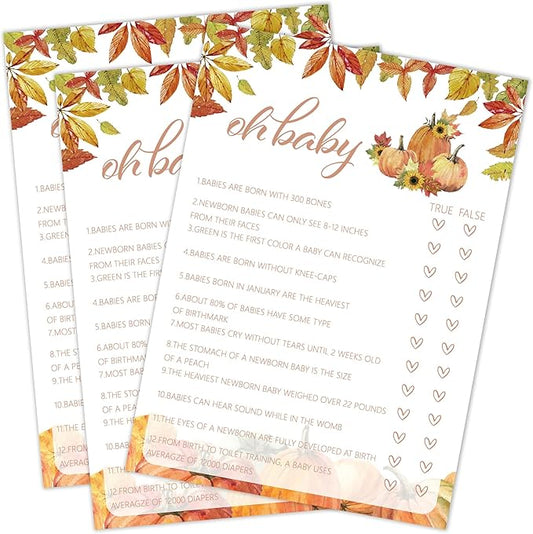 Fall Baby Shower Games, Oh Baby True or False Game Cards, 5x7 in, Thanksgiving Baby Shower Party Favor Decorations Supplies - A04