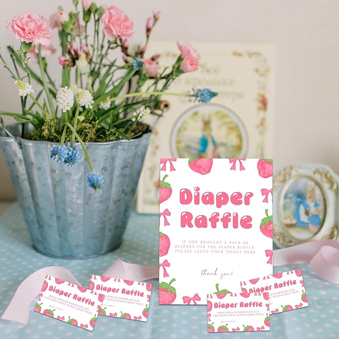 Pink Strawberry Diaper Raffle Set For Baby Shower - 50 Raffle Tickets With 1 Standing Sign - Baby Announcement, Gender Reveal Baby Shower Party Decoration Game Set - A09