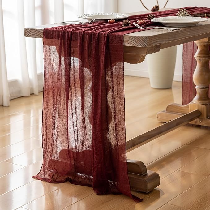 3pcs Burgundy Cheesecloth Table Runner Gauze 120 Inch 10 FT Rustic Boho Cheese Cloth Runner for Wedding Baby Shower Bridal Shower Engagement Birthday Party Long Sheer Home Decorations