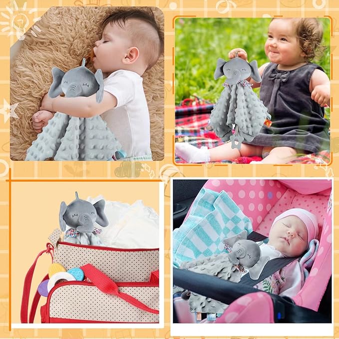 Baby Security Blanket with Tags Teether Elephant Blanket Soft Baby Blankets for Boys and Girls Baby Stuff for Newborn Toys Snuggle Toy Baby Lovey Dotted Blanket Elephant Soothing Toy