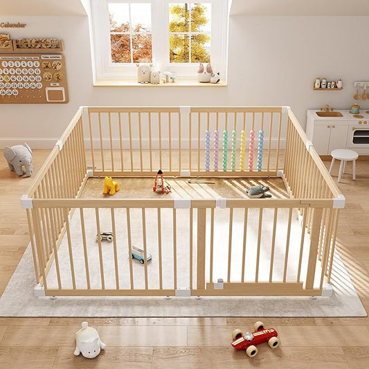 Large Wooden Baby Playpen - Size Adjustable Fence for Babies and Toddlers, Baby Play Yard with Locking Gate, Indoor Play Pen for Kids Activity Center 63.5”×63.5”