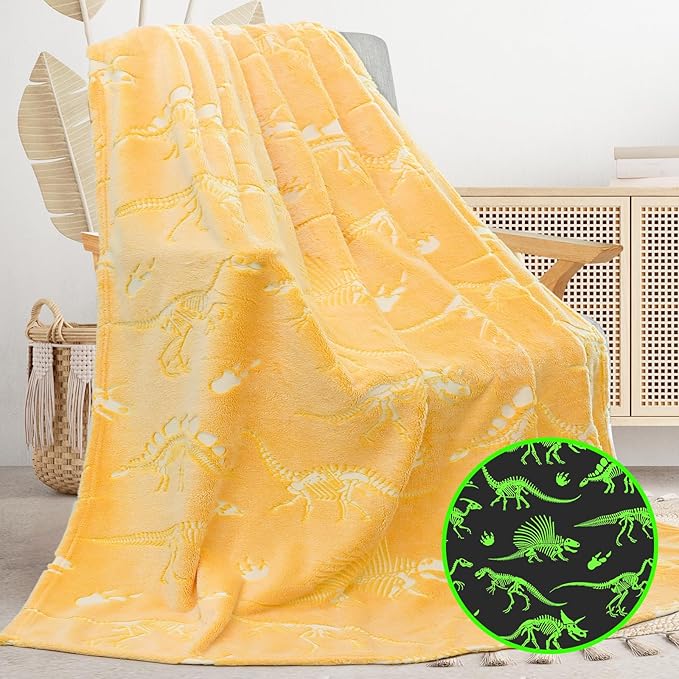 Glow in The Dark Blanket Dinosaur Throw Blanket for Boys Kids Cute Dino Blanket Unique Christmas Toys Gifts Gray Glowing Dinosaur Room Decor Blankets for Girls Teens