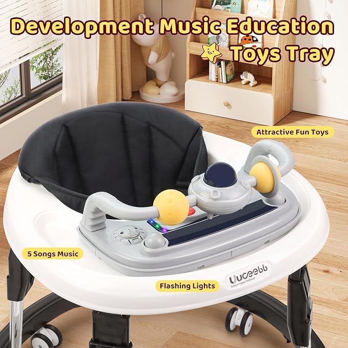 Baby Walker with Wheels,Music and Lights Baby Walker for Boys Girls 6-12 Months,Foldable Baby Walkers and Activity Center,Toddler Infant Walker with 7-Speed Height Adjustment,Detachable Plate,Black