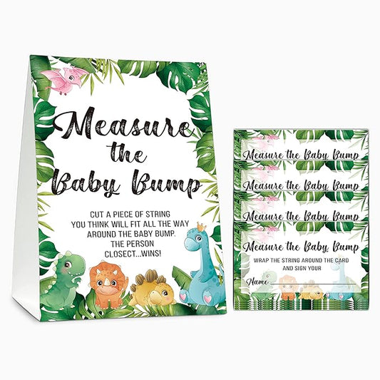 Baby Shower Game Set, Measure The Baby Bump(1 Standing Sign + 50 Find Cards), Safari Jungle How Big is Mommy's Belly Party Game, Dinosaur Baby Shower/Gender Reveal Party Favor Decor(A04)
