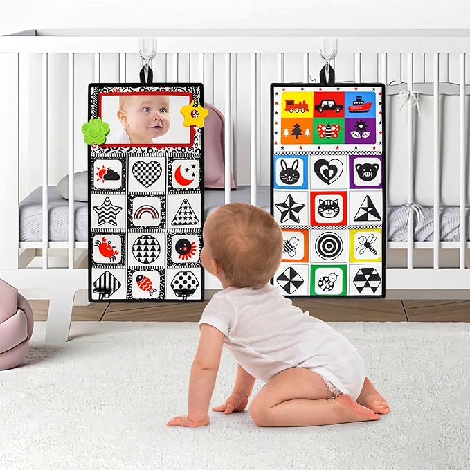 Dr.Rapeti Tummy Time Floor Mirror for Baby Infant Toddler Kids Black and White High Contrast Baby Toy with Teethers Floor Activity Toy Washable Non-Toxic