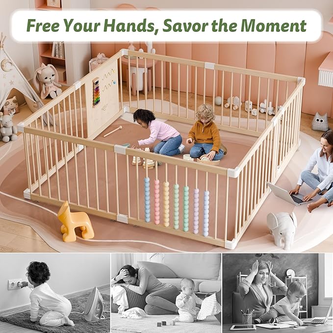 Large Wooden Baby Playpen for Babies and Toddlers, Adjustable Play Yard with Anti-Slip Base, Locking Gate & Easy Assembly, Indoor Kids Activity Center Safety Play Fence 63.5×63.5