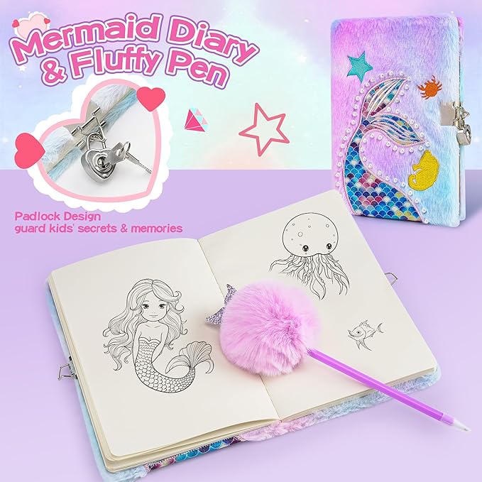 Cherry Tale Mermaid Toys Gifts for Girls 4-6 7 8 9 10 Years Old, Girls Birthday Gifts Set with Light Up Star Pillow Diary Plush DIY Water Bottle Kits, for Daughter Niece Christmas