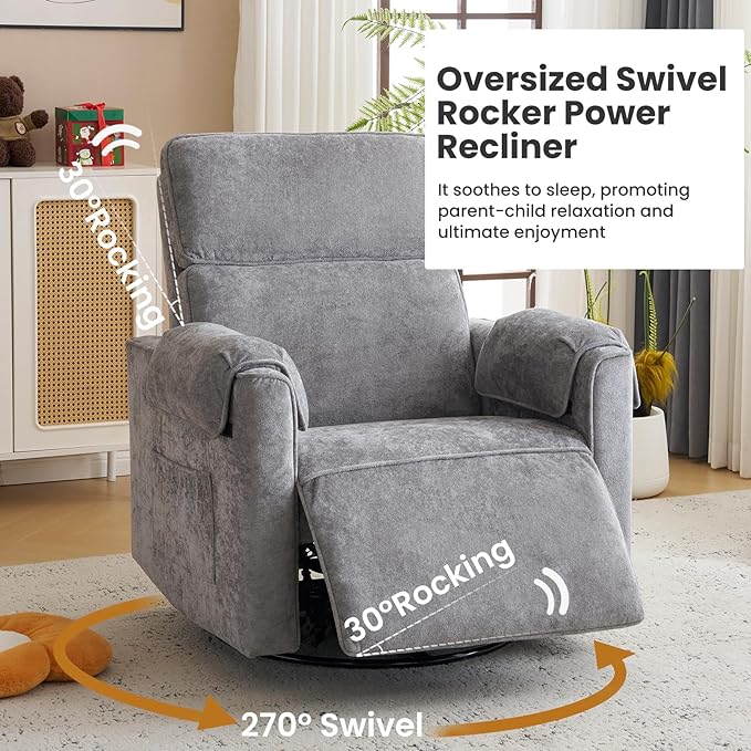 Oversized Power Recliner Chair Swivel Glider with Adjustable Headrest, Swivel Rocking Recliner Chair for Adults, 26" Extra Wide Glider Nursery Chair with Overstuffed Armrest, USB Ports, Grey