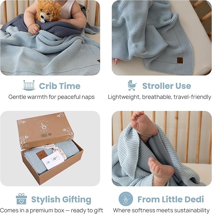 100% Organic Cotton Baby Knitted Blanket in Gift Box - Soft Toddler, Crib, Stroller Blanket - Neutral Swaddle and Receiving for Newborns, 30"x40", Baby Blue
