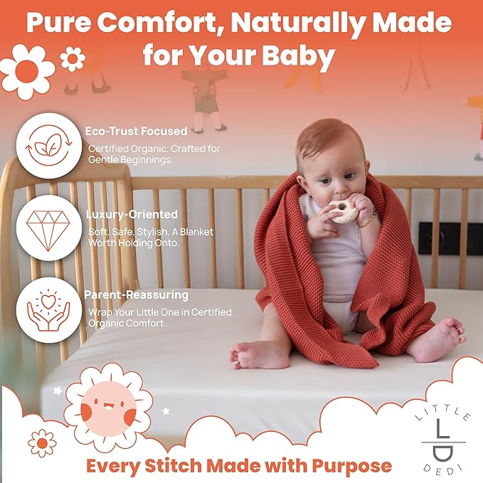 100% Organic Cotton Baby Knitted Blanket with Gift Box - Soft Toddler, Crib, Stroller Blanket - Neutral Swaddle and Receiving Blanket for Newborns, 30"x40", Harvest Pumpkin