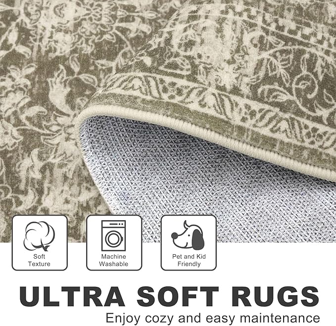 KILOCOCO Hallway Runner 2x5 Kitchen Runner Rug Printed Vintage Floral Washable Non-Slip Runners for Hallways Laundry Room Rugs Distressed Boho Rug Runners for Bedroom, Taupe/Green