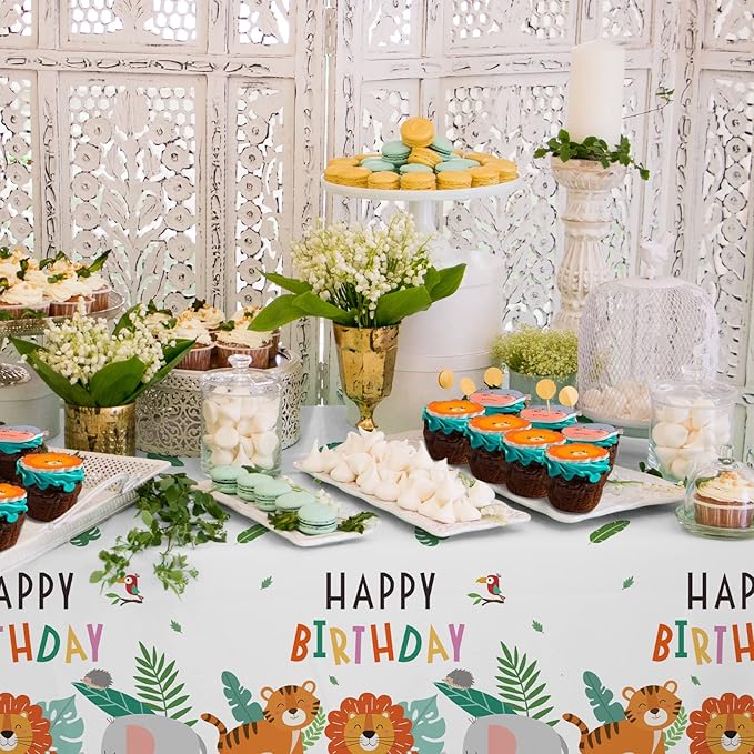 Safari Theme Party Supplies Disposable Tablecloth Plastic Waterproof Table Cover for Jungle Safari Birthday Party Decorations, 3 Pack 54X108inch