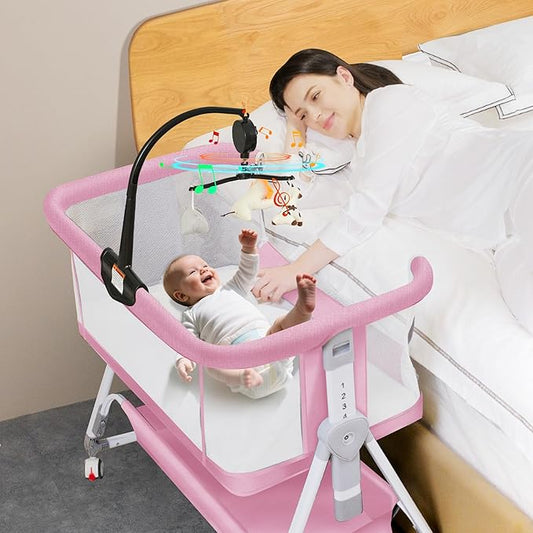 Baby Bassinet with Musical Toy,3 in 1 Baby Bassinets Bedside Sleeper,All Mesh Bedside Bassinet with Storage Basket and Wheels,7 Height Adjustable Bedside Crib for 0-6 Months Baby (Pink)