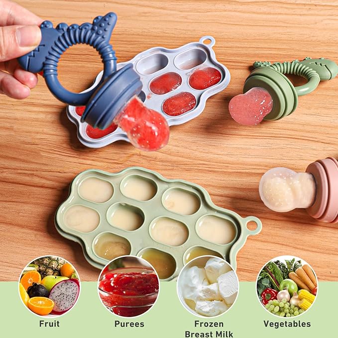 Breastmilk Popsicle Molds & Fruit Feeder Pacifier, Silicone Baby Food Freezer Tray Storage Containers for Infant Teething Self Feeding (1 Set)