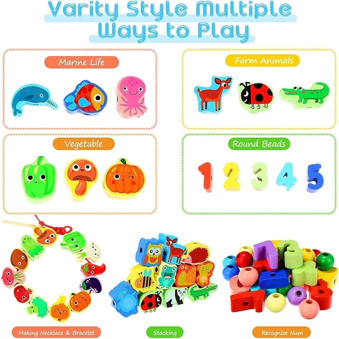 Shappy 93 Pcs Montessori Wooden Educational Threading Toys Farm Animals Fruits Wooden Lacing Beads Toys Preschool Stringing Beads for Toddler 3 4 5 Year Old Kids Boys Girls Gifts