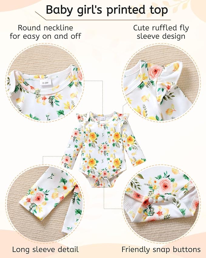 YALLET Baby Girl Clothes Newborn Infant Girl Outfits Floral Romper+Pants+Headband Fall Baby Layettes for Clothing 0-18 Months