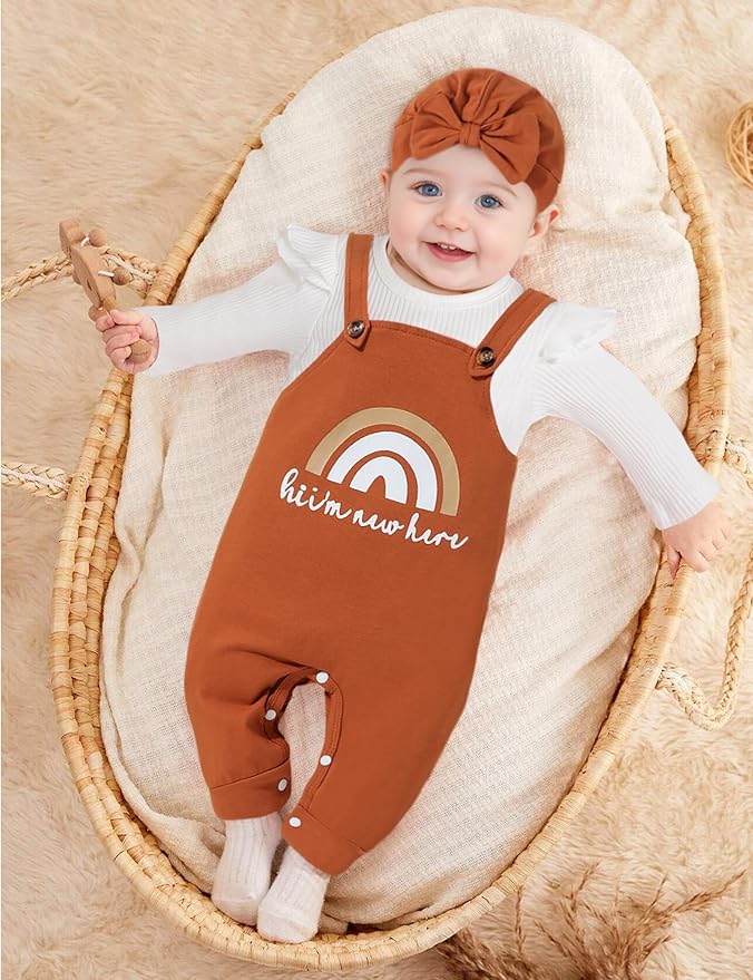 Baby Girl Clothes Patter&Letter Baby Girl Romper with Bow Hat&Headband and Gloves 4Pcs Baby Girl Coming Home Outfit