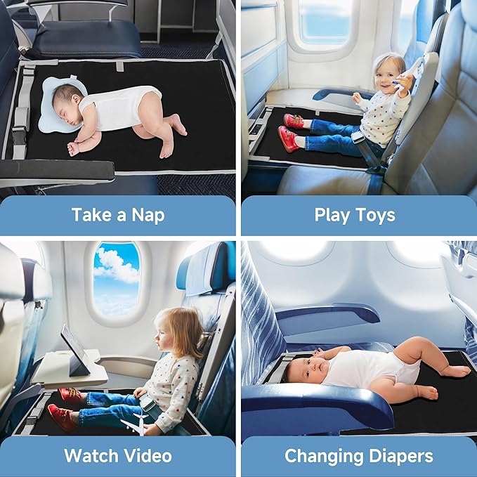 Toddler Airplane Bed, Portable Airplane Seat Extender for Kids, Durable Oxford Cloth – Waterproof and Easy to Clean, Flight Accessories for Toddlers Aged 1–4, Carry-On Compatible, Black