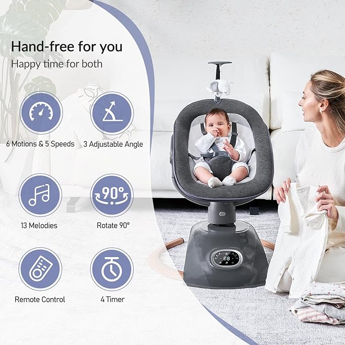 Electric Baby Swing for Infants with Remote Control, Rocker with 6 motions, 5 Speeds, 13 Music Include White Noise, 5 Point Harness, 3 Seat Positions for Newborn Boy Girl Max 20 Lbs