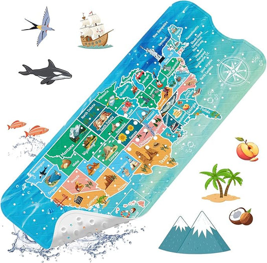 XIYUNTE Baby Bath Mat for Tub Non Slip Kids Bath Mat - 40''x16'' Extra Long Map Bath Tub Mat Non Slip, Eco-Friendly Toddler Bath Mats with Suction Cups for Secure Grip, Easy to Clean & Easy Drying