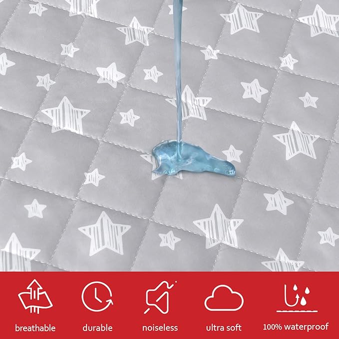 Crib Mattress Protector Waterproof, Quilted Crib Mattress Pad Cover 52" x 28" Extra Soft Breathable Toddler Bed Cover Stretch Up to 8", Grey Star