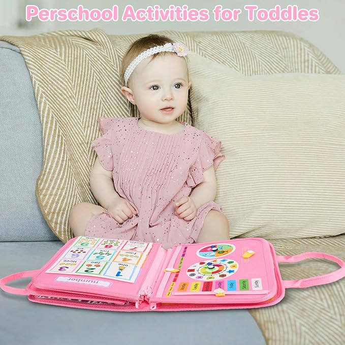 Toddler Busy Board Montessori Toys, Sensory Toys for 1 2 3 4 Year Old Girl, Busy Book Travel Educational Activities for Learning Fine Motor Skills Birthday Gifts (Pink Unicorn/P10)