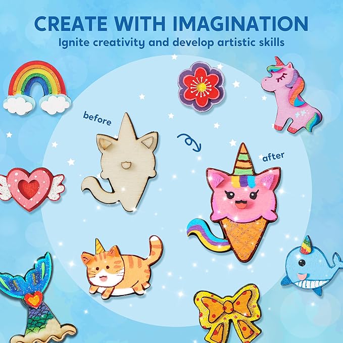 JOYIN 12 pcs Fantasy Wooden Magnets, Kids Unicorn Painting Craft, Spring and Rainy Day Activities School Art Projects, Toys for Kids Aged 3+ Birthday Easter