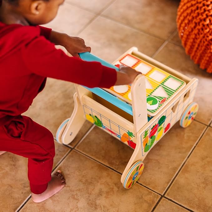 Melissa & Doug Wooden Shape Sorting Grocery Cart Push Toy and Puzzles - Pretend Play Grocery Toys, Sorting and Stacking Toys for Infants and Toddlers Ages 1+ - FSC-Certified Materials