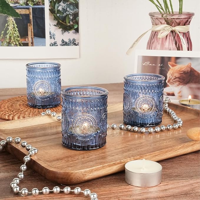 30pcs Votive Candle Holders, 2x2.5inch Blue Glass Tea Light Candle Holder Butterfly Pattern Votives for Wedding, Baby Shower, Party Decor