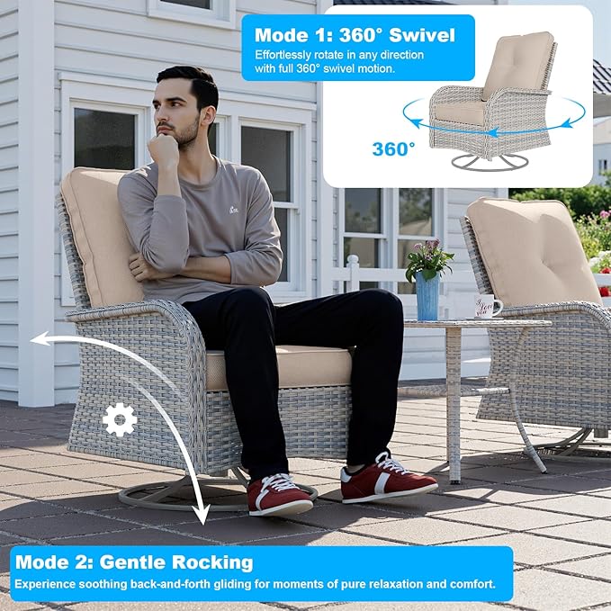 11-Piece Small Patio Furniture Set, Outdoor Swivel Rocking Chairs Set with Ottomans, Patio Bistro Set for Balcony, Deck, Porch, Khaki