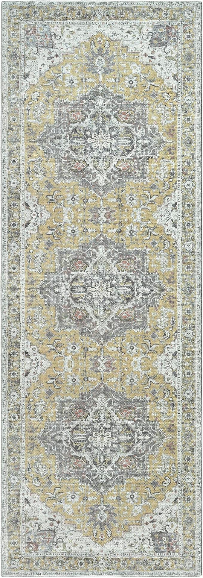 Bloom Rugs Washable Non-Slip 7 ft Runner - Yellow Traditional Medallion Runner for Entryway, Hallway, Bathroom, and Kitchen - Exact Size: 2.5' x 7'