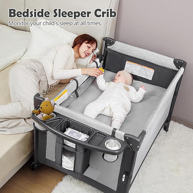 4 in 1 Baby Bassinet Bedside Crib with One-Hand Setup & Waterproof Mattress – ASTM-Certified Pack and Play, Portable Foldable Playard with Diaper Changer for Newborn to Toddler (Grey)