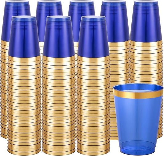 supernal 100 Pcs Blue Plastic Cups,10 Oz Clear Blue Disposable Cups with Gold Trim,Plastic Cocktail/Drink/Bridal Shower/Baby Shower Cups for Party,Wedding and Birthday,Cute Disposable Cup