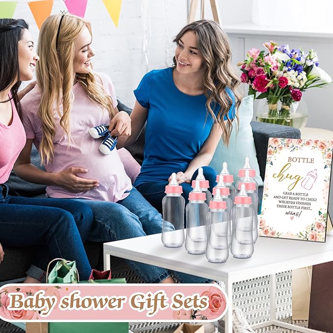 TrelaCo Floral Cool Baby Shower Games Bottle Chug Sign Wooden Floral Gift Sets Gender Reveal Party Favors and 12 Pcs Baby Bottle Shower Favor for Games Gender Reveal