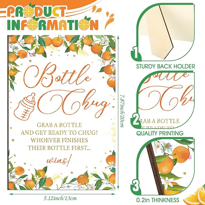 TrelaCo Little Cutie Cool Baby Shower Games Bottle Chug Sign Wooden Orange Theme Gift Sets Gender Reveal Party Favors and 12 Pcs Baby Bottle Shower Favor for Games Gender Reveal