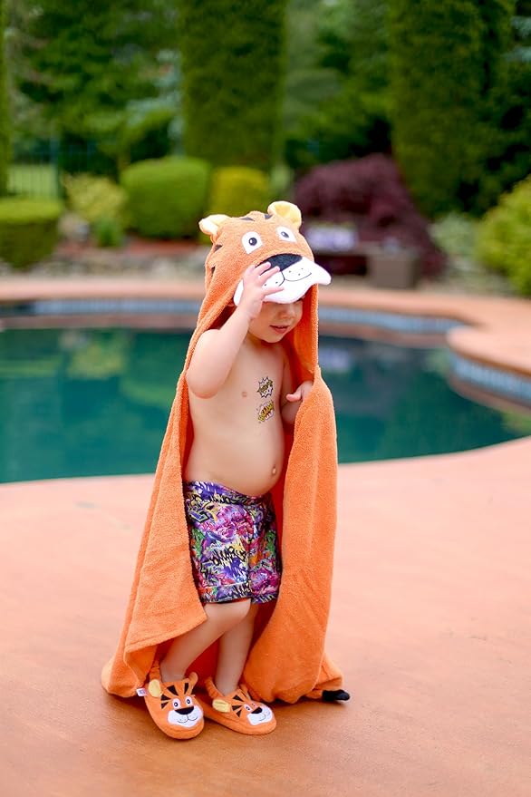 Hooded Baby Towel for Kids 2-8 | Large 100% Cotton Baby Towel for Girls or Boys in Orange | Unisex Cute Tiger Bath Towels for Babies and Toddlers