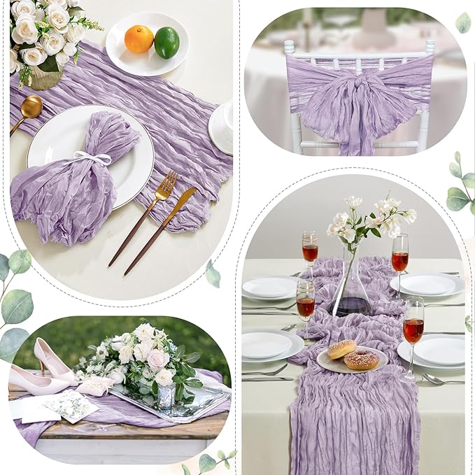 6 Pack Purple Cheesecloth Table Runner 10FT Long Boho Gauze Table Runner Rustic Sheer Runner for Wedding Bridal Baby Shower Birthday Party Table Decor Thanksgiving Christmas Decorations
