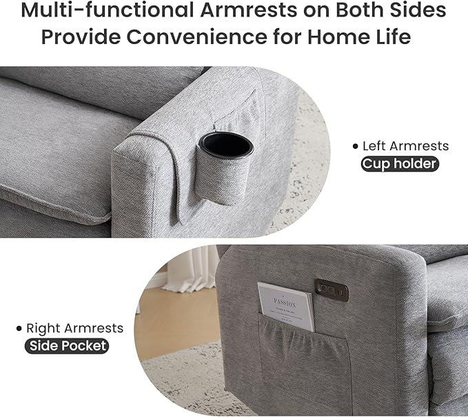 Oversized Swivel Rocker Recliner with Adjustable Headrest, 26" Extra Wide Glider Recliner Nursery Chair with Double Cushion, Chenille Glider Rocking Chair for Living Room,Cup Holder,Grey