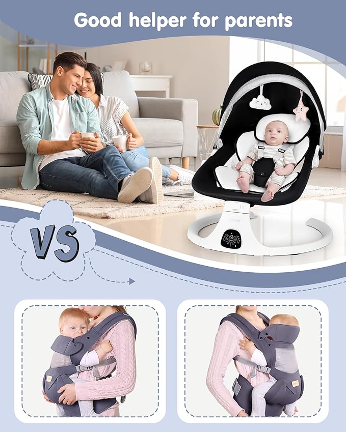 Electric Baby Swings for Infants to Toddler Baby Swing with 5-Speed 3-Seat Positions 5-Point Carabiner,with Bluetooth Music 10-Preset Melodies (Black White)