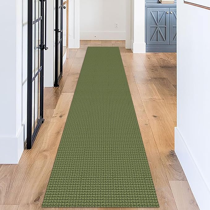 KOZYFLY Long Runners for Hallways 2x12 ft Washable Kitchen Runner Non Slip Rubber Backed Hallway Rugs Cotton Entryway Runner Rug Floor Carpet for Indoor Hall, Kitchen, Olive Green/Earthy Green