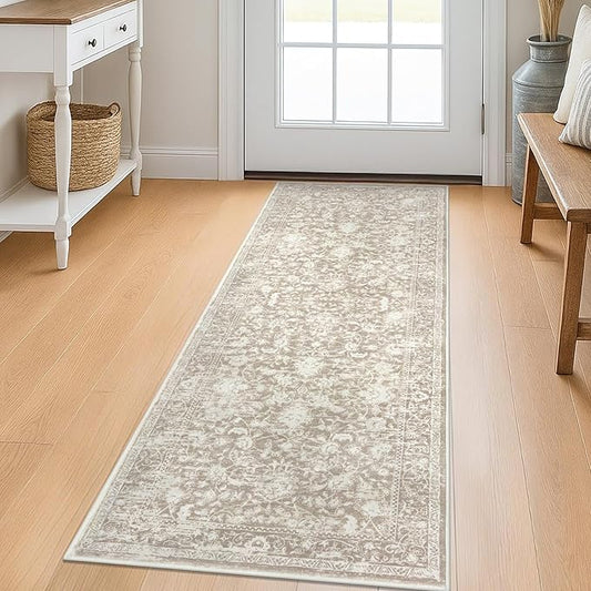 KILOCOCO Hallway Runner 2x5 Kitchen Runner Rug Printed Vintage Floral Washable Non-Slip Runners for Hallways Laundry Room Rugs Distressed Boho Rug for Bedroom, Beige