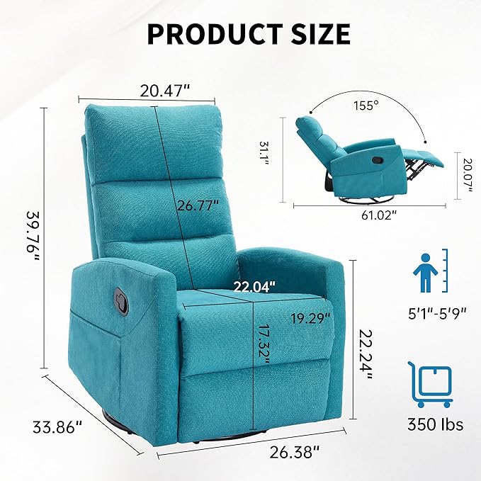 360° Swivel Rocking Chair for Nursery, Manual Glider Chair Nursing Chair with Side Pockets, Polyester Glider for Living Room, Heavy Duty Motion Mechanism, Blue