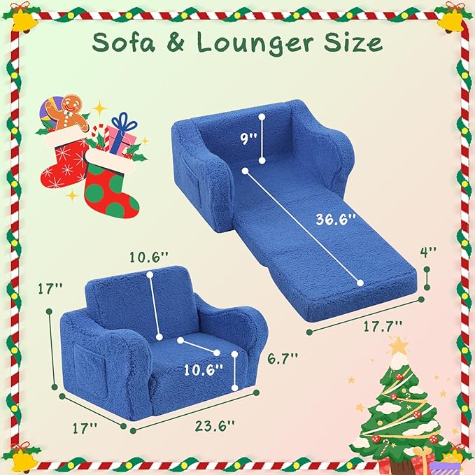 Kids Chairs for Toddler, 2-in-1 Toddler Soft Sherpa Couch Fold Out, Convertible Sofa to Lounger for Girls and Boys, Sky Blue