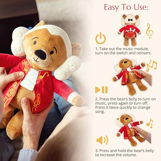 Amadeus Mozart Plush Bear – Plays 40 Mins of Classical Music, Educational & Soothing Interactive Teddy Bear for Babies & Toddlers, Perfect