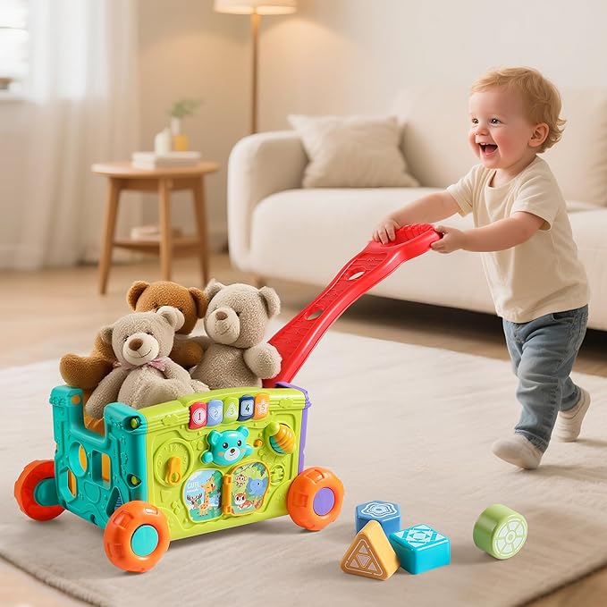 Interactive Learning Push Walker Toy for Toddlers, Musical Activity Wagon with Handle, Educational Rolling Cart with Blocks，Suitable for 18 Month Old Boys and Girls
