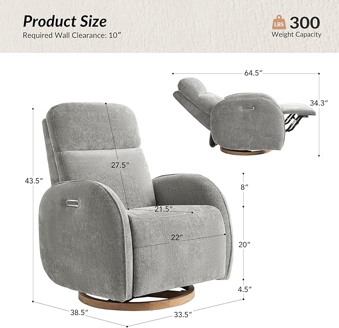 HULALA HOME Glider Recliner Nursery Chair with Adjustable Headrest and Lumbar Support, Modern Power Recliner with USB Port and Nightlight, Swivel Rocker Glider for Nursing Room Bedroom, Grey